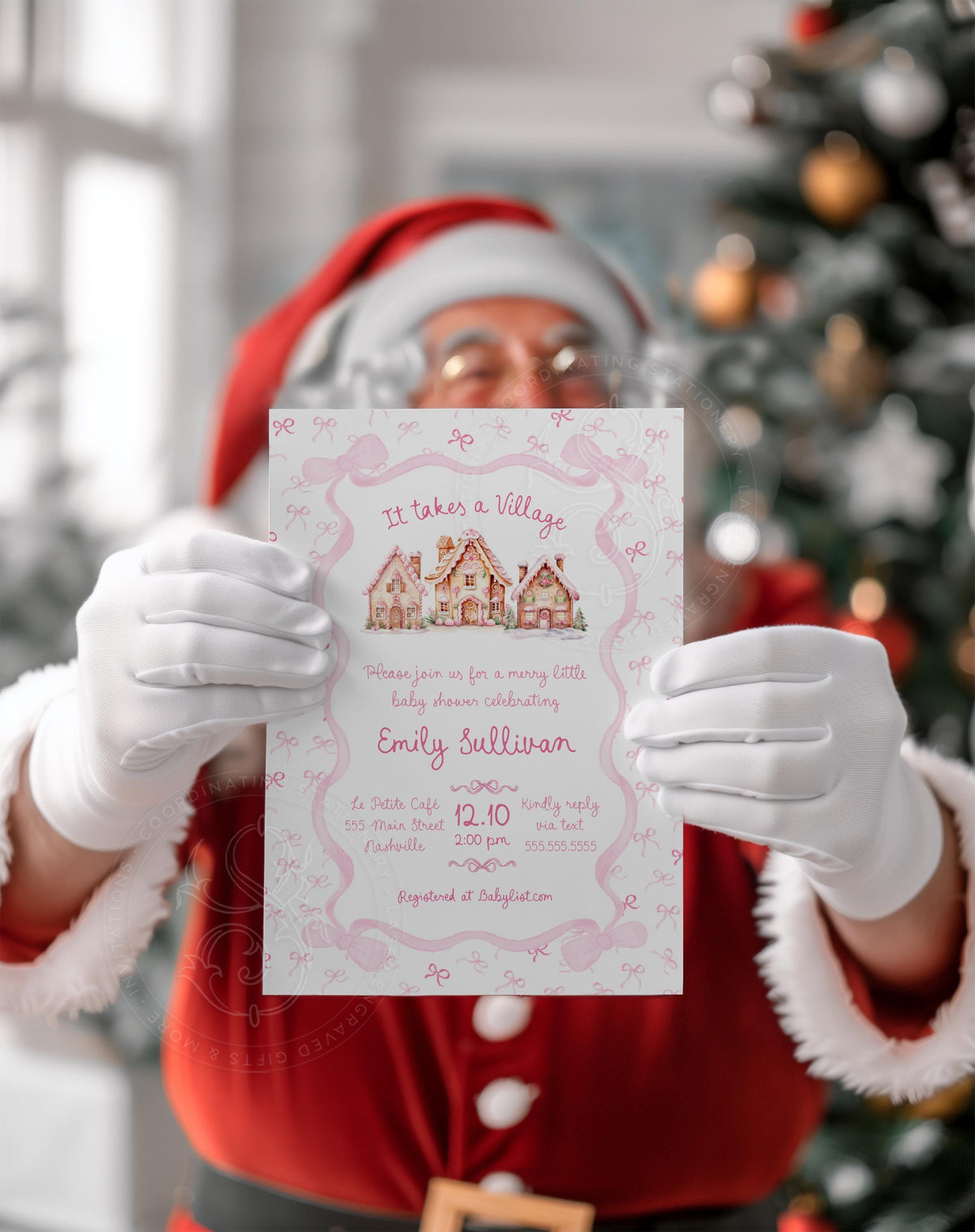 It Takes a Village, Pink Christmas Baby Shower Invitation: Gingerbread Cookie Sprinkle printed invitation