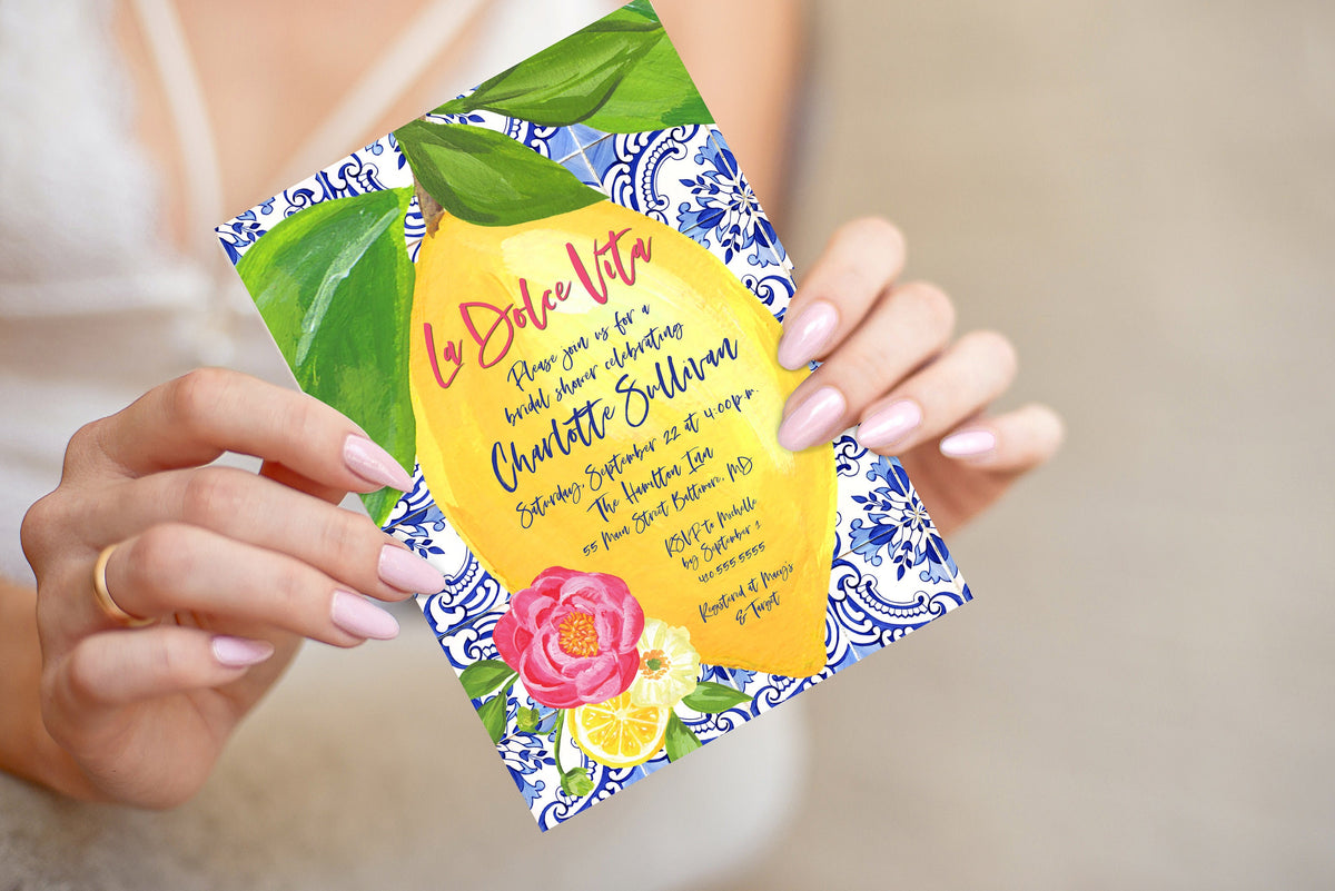 Italian tile lemon watercolor printed bridal shower invitations