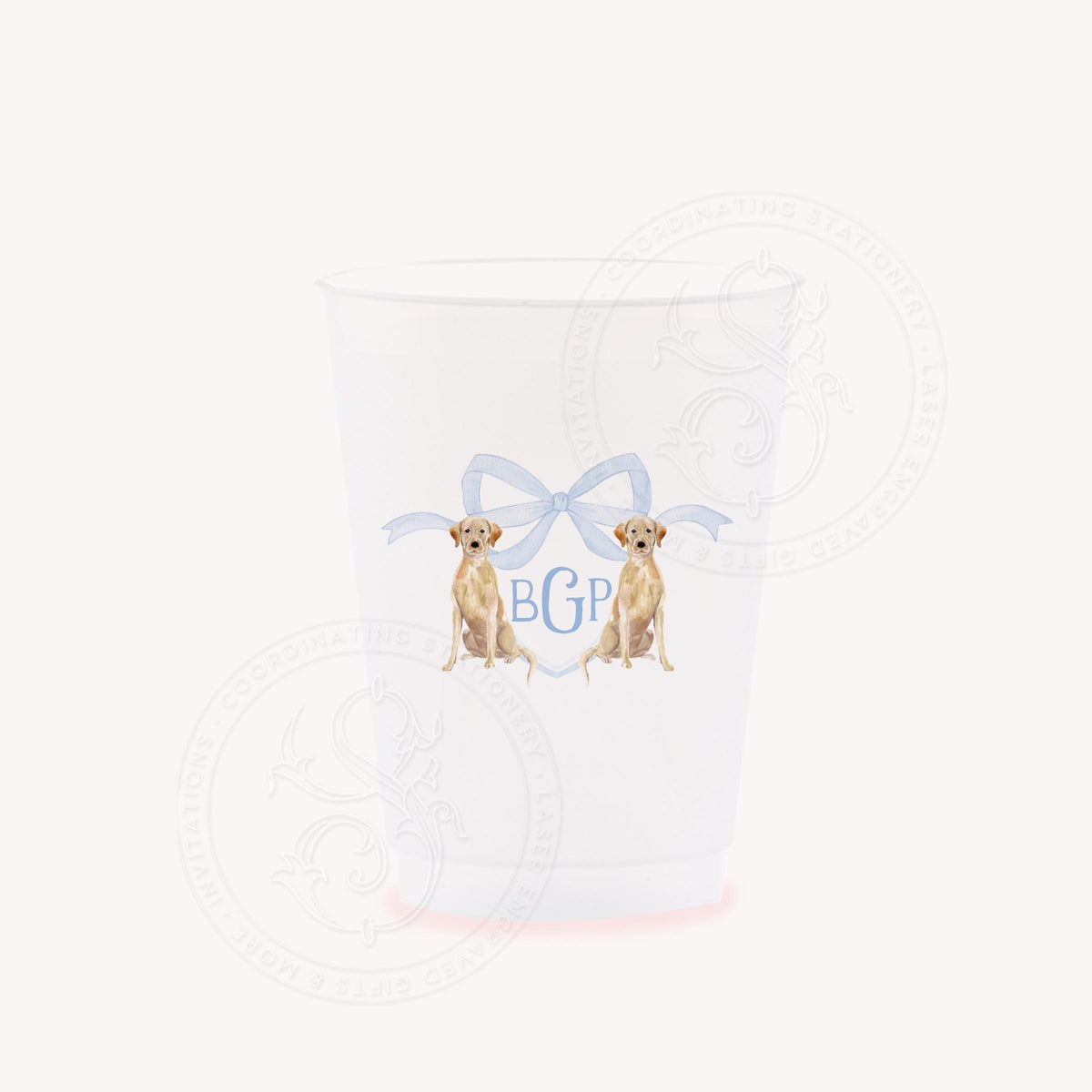 Labrador puppy monogram party cups for a baby boy shower