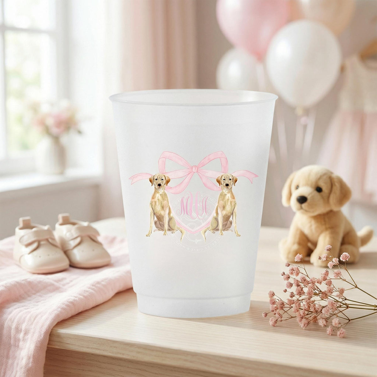 Labrador puppy monogram frosted party cups for girl baby shower