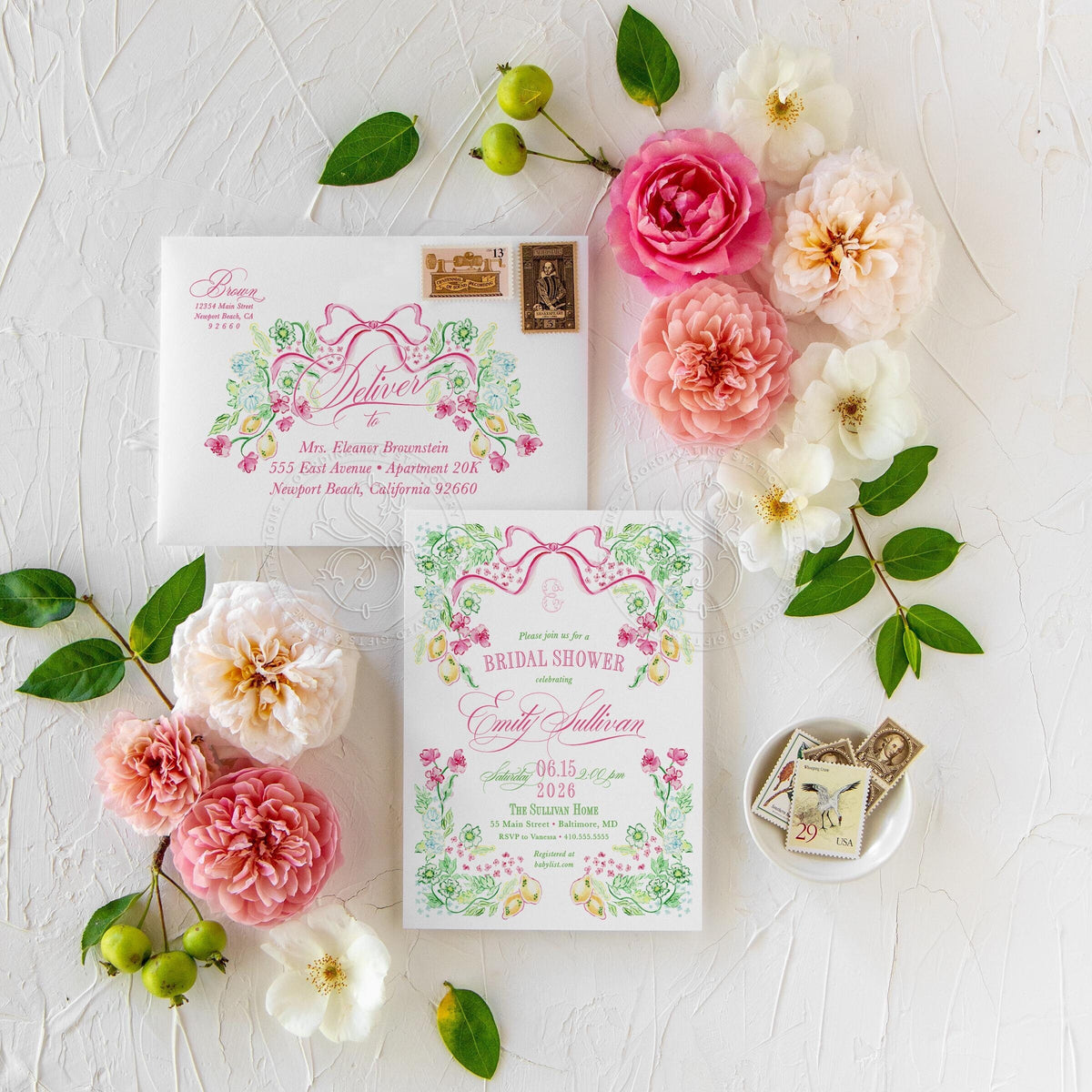 Lemon floral bow printed bridal shower invitations