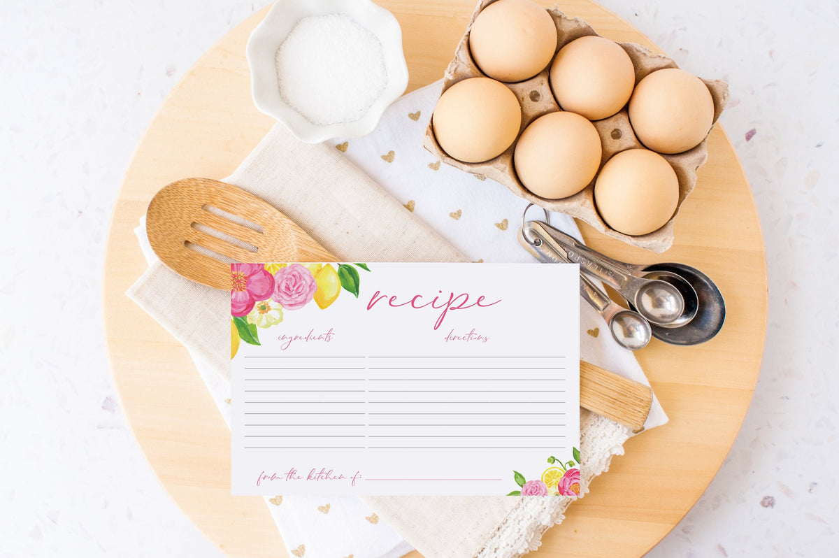 Lemon floral printed bridal shower recipe cards