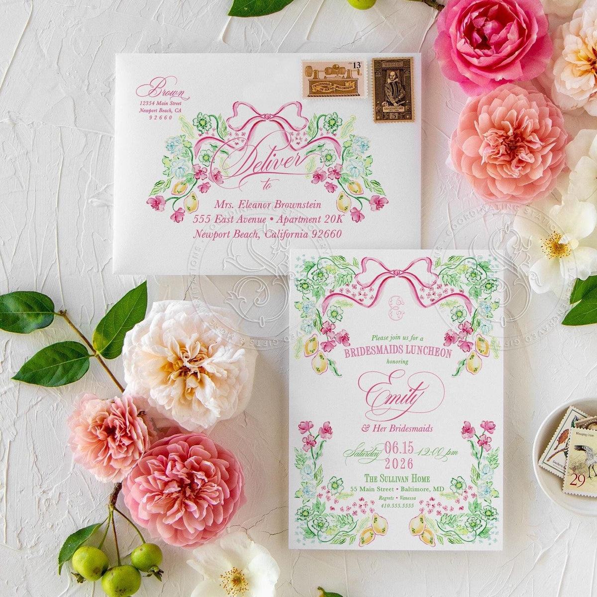 Lemon floral watercolor printed bridesmaids luncheon invitations