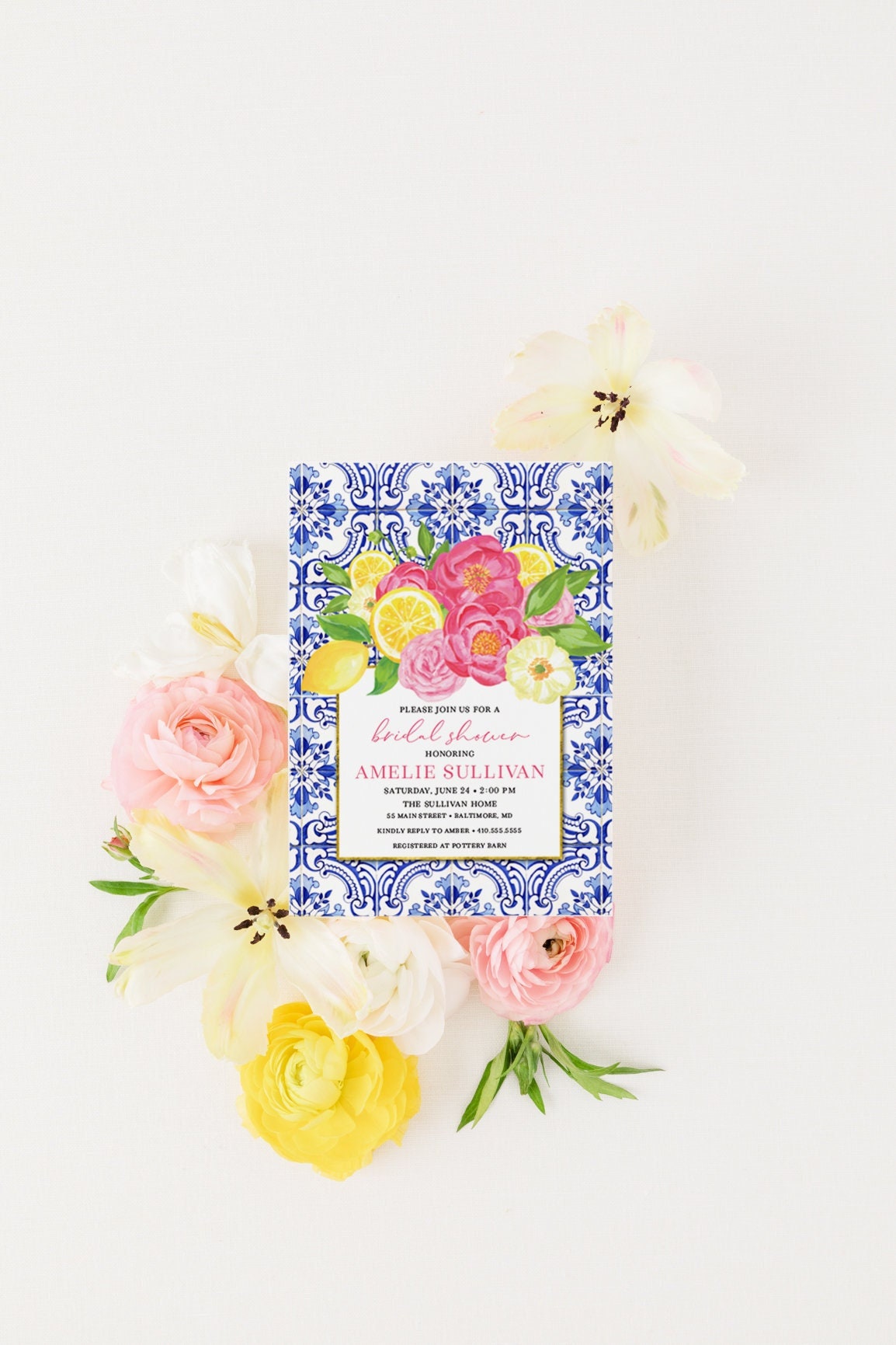 Lemon Italian tile Positano digital bridal shower invitation
