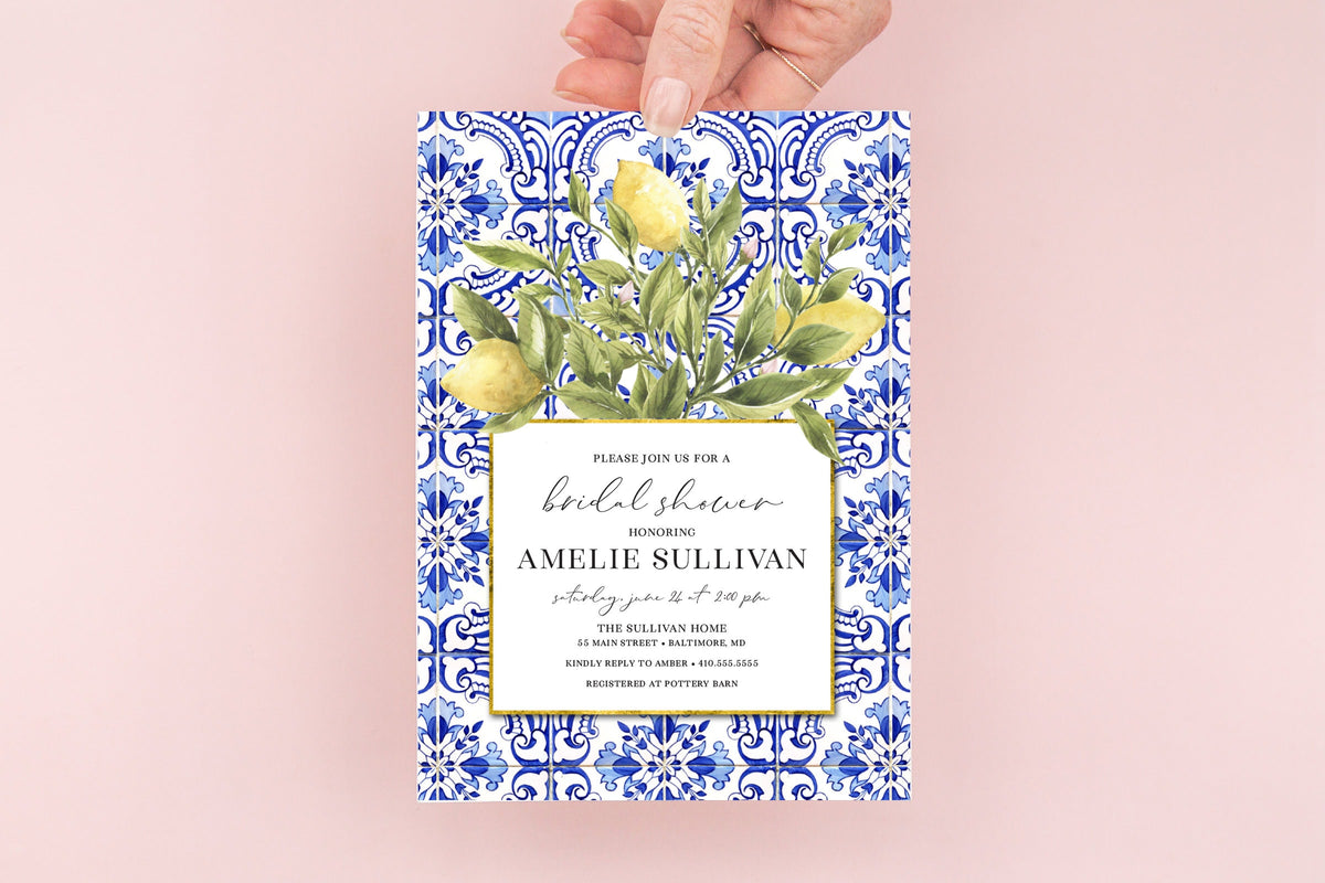 Lemon Portuguese tile watercolor digital bridal shower invitation