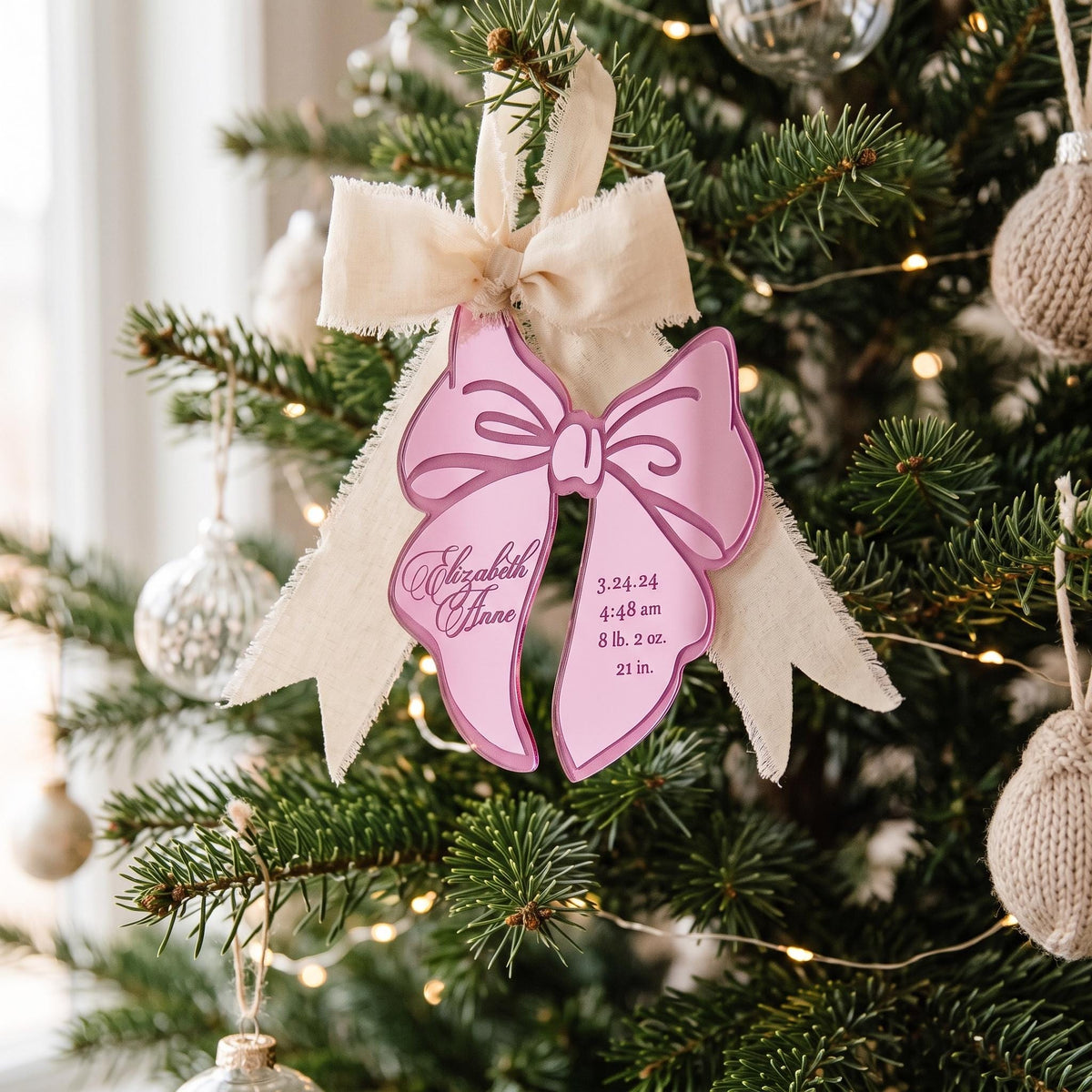 Lilac Bow Baby Birth Stats Ornament - image 1