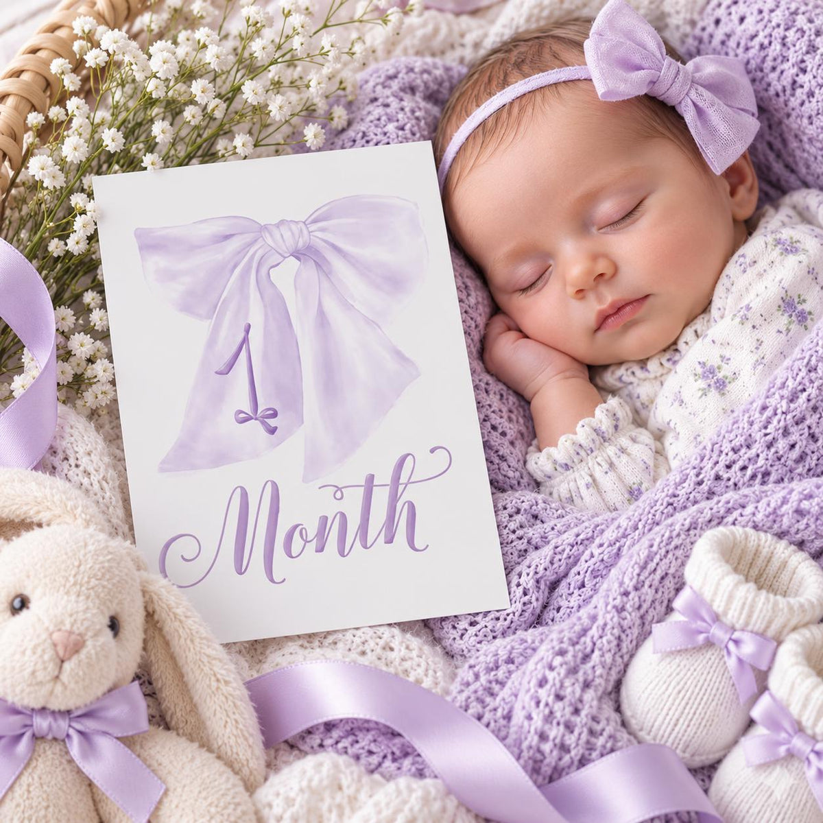 Lilac or pink bow baby girl milestone cards