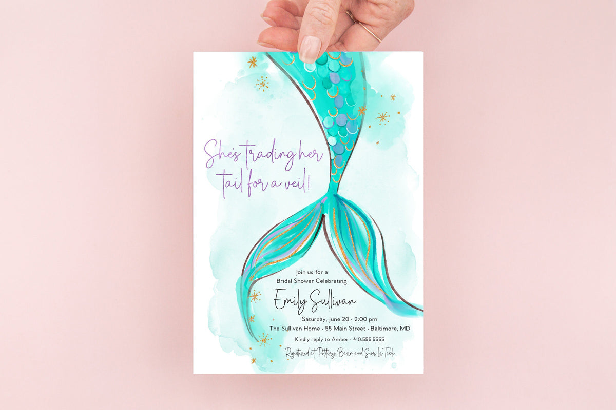 Mermaid tail sea of love printed bridal shower invitations