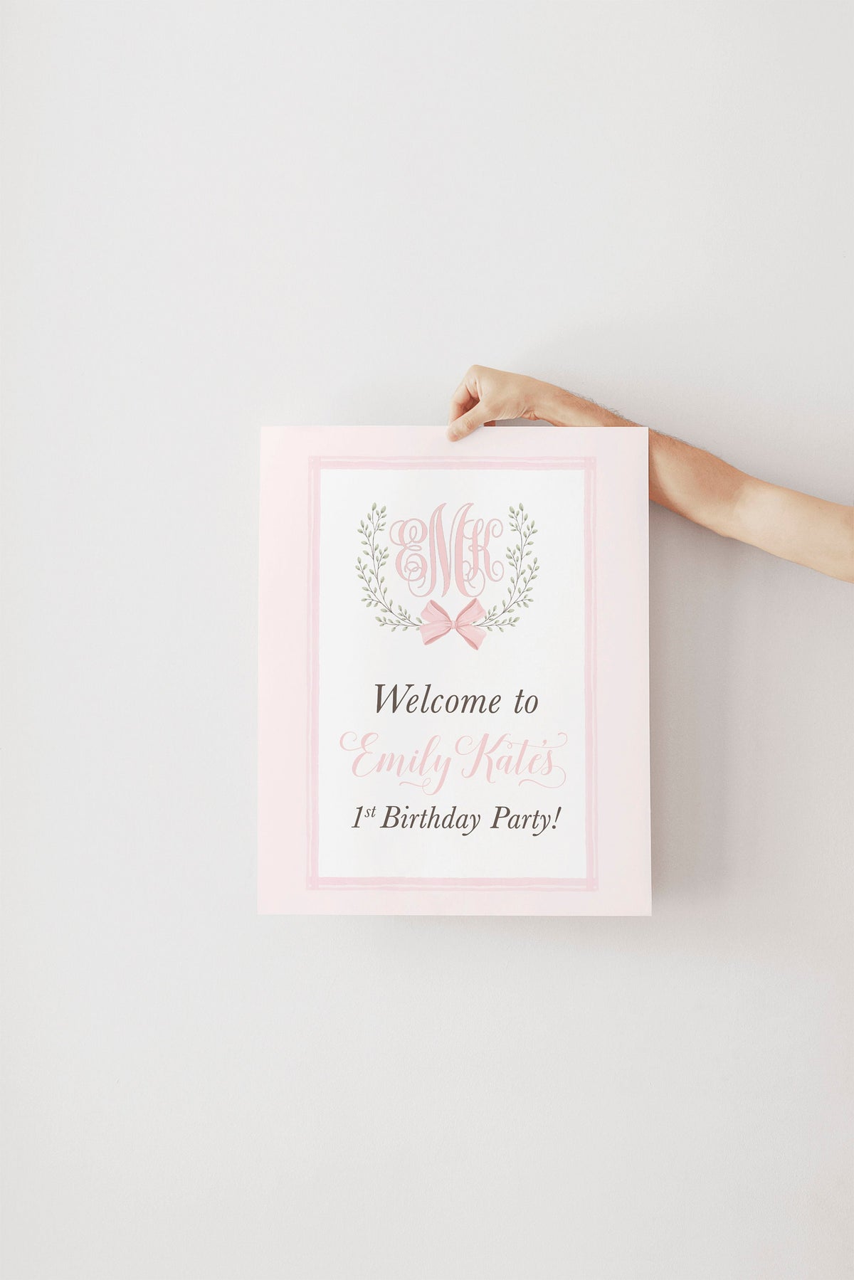 Preppy Pink Bow Monogram Crest Birthday Welcome Sign