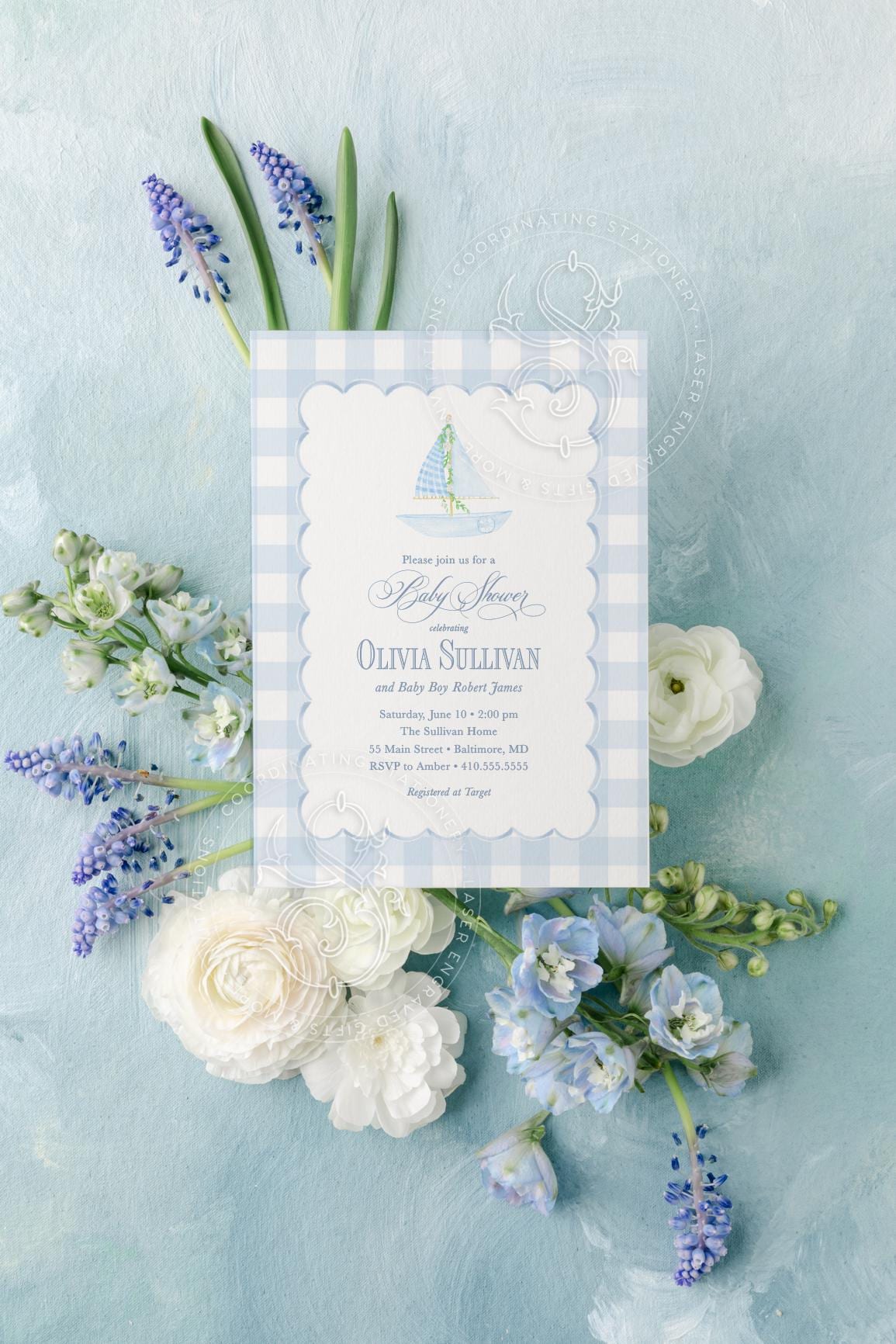 Nautical Baby Shower Invitation: Sailboat, Blue Gingham printed invitation
