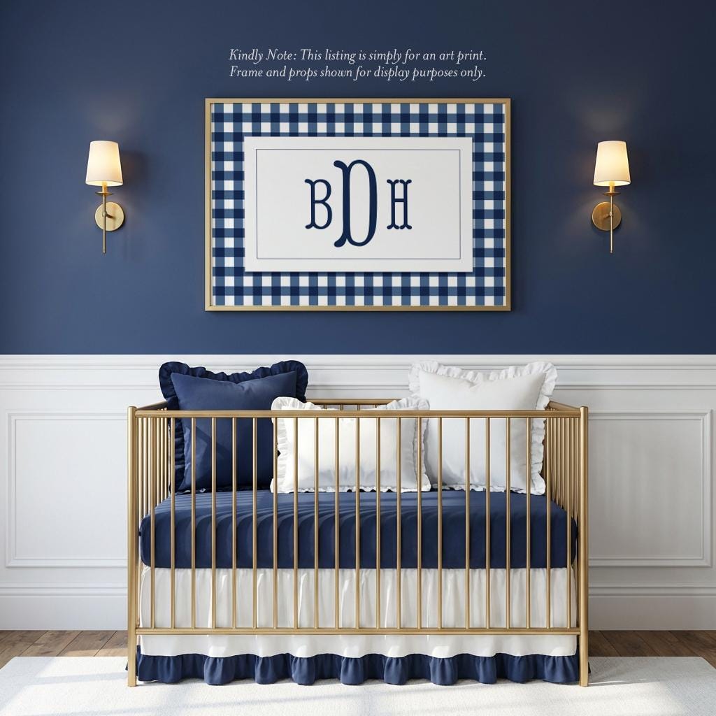 Navy Gingham Monogram Print: Baby Boy Nursery Wall Art - image 1
