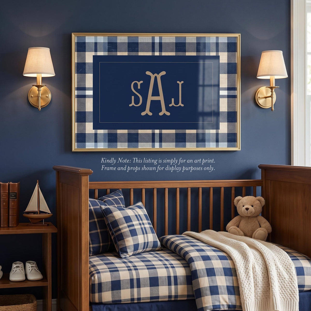 Over Crib Monogram Art Print for Baby Boy Nursery: Navy and Tan Traditional Plaid - image 1