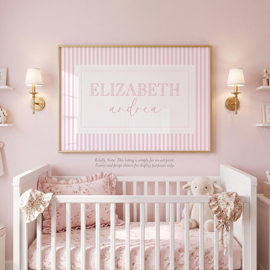 Over Crib Personalized Girl Name Print: Pink Stripe Nursery Wall Art - image 1