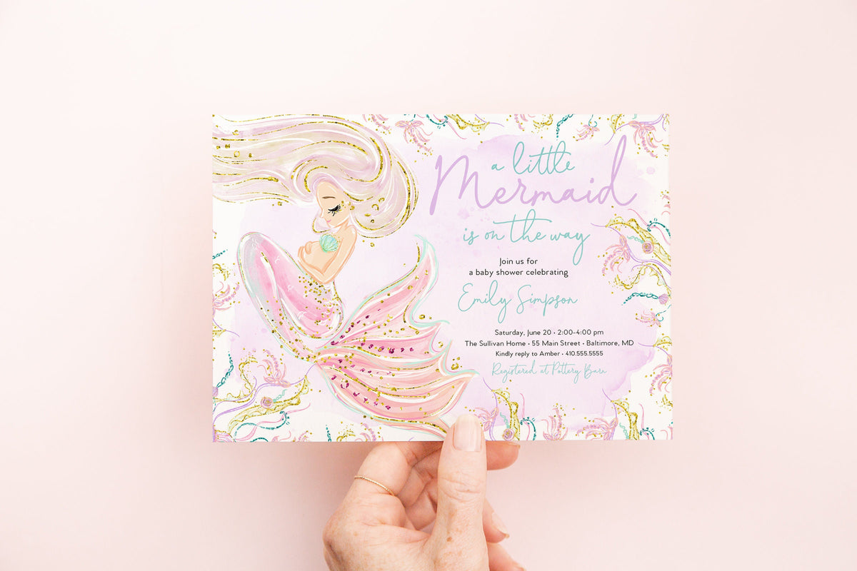 Pastel mermaid under the sea digital baby shower invitation