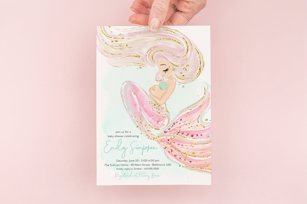 Pastel mermaid under the sea printed baby shower invitations