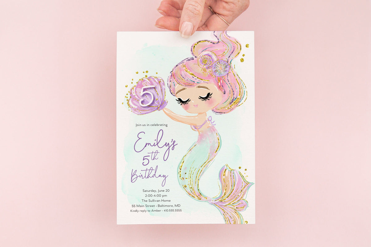 Pastel Mermaid Under the Sea Birthday Invitation printed children's birthday invitation