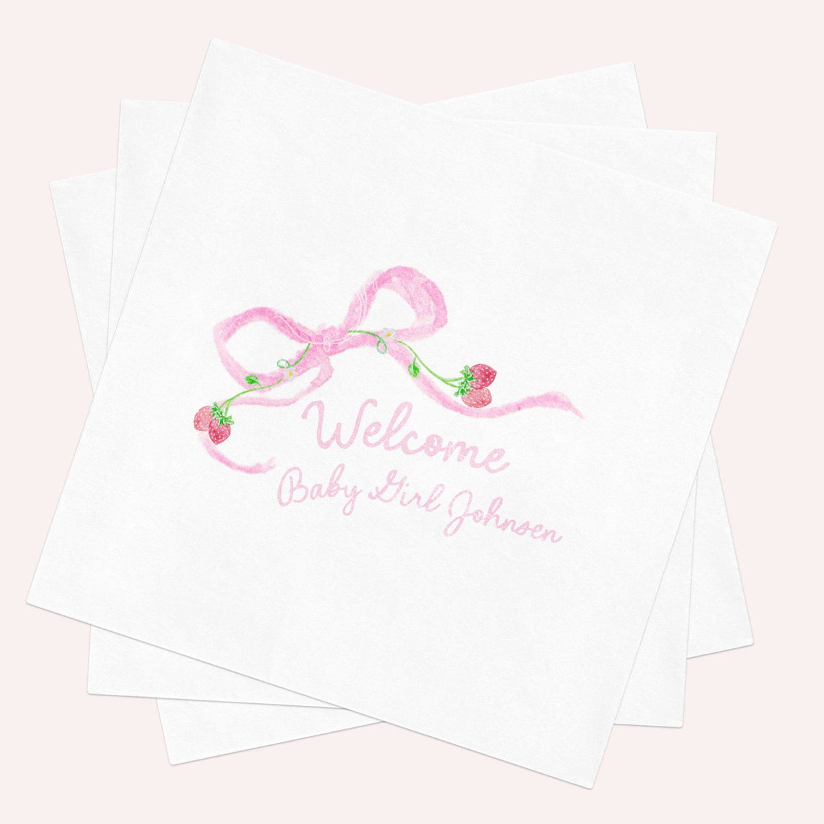 Personalized Baby Shower Napkins: Pink Bow & Strawberries