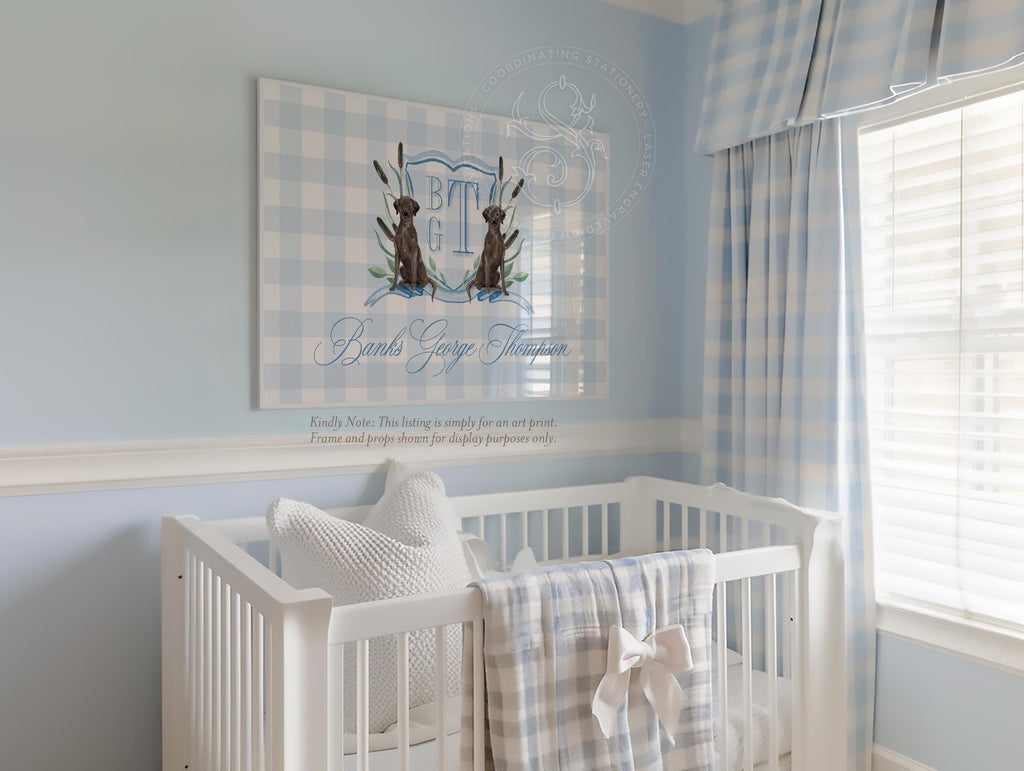 Personalized Black Lab Puppy Crest Print: Blue Gingham Nursery Wall Art - image 1