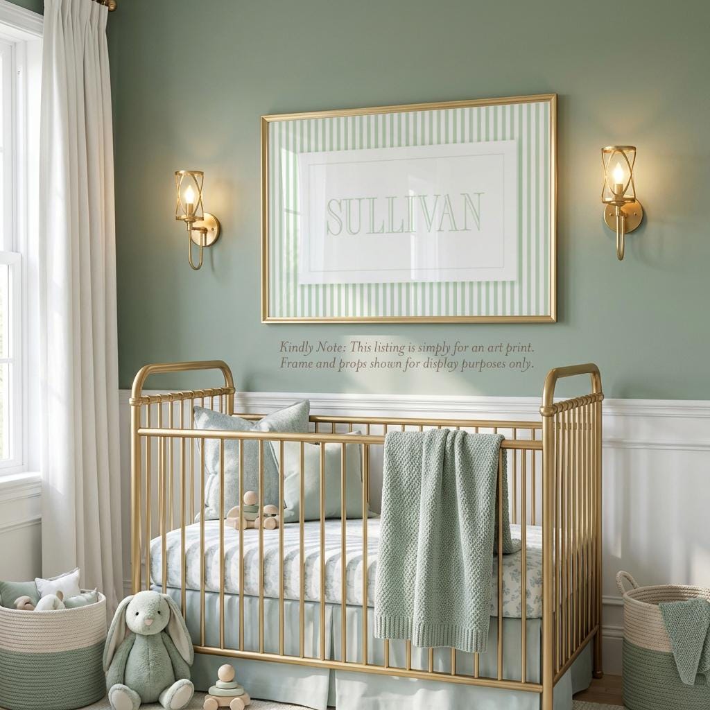 Personalized Boy Name Nursery Print: Sage Green Stripes Wall Art - image 1