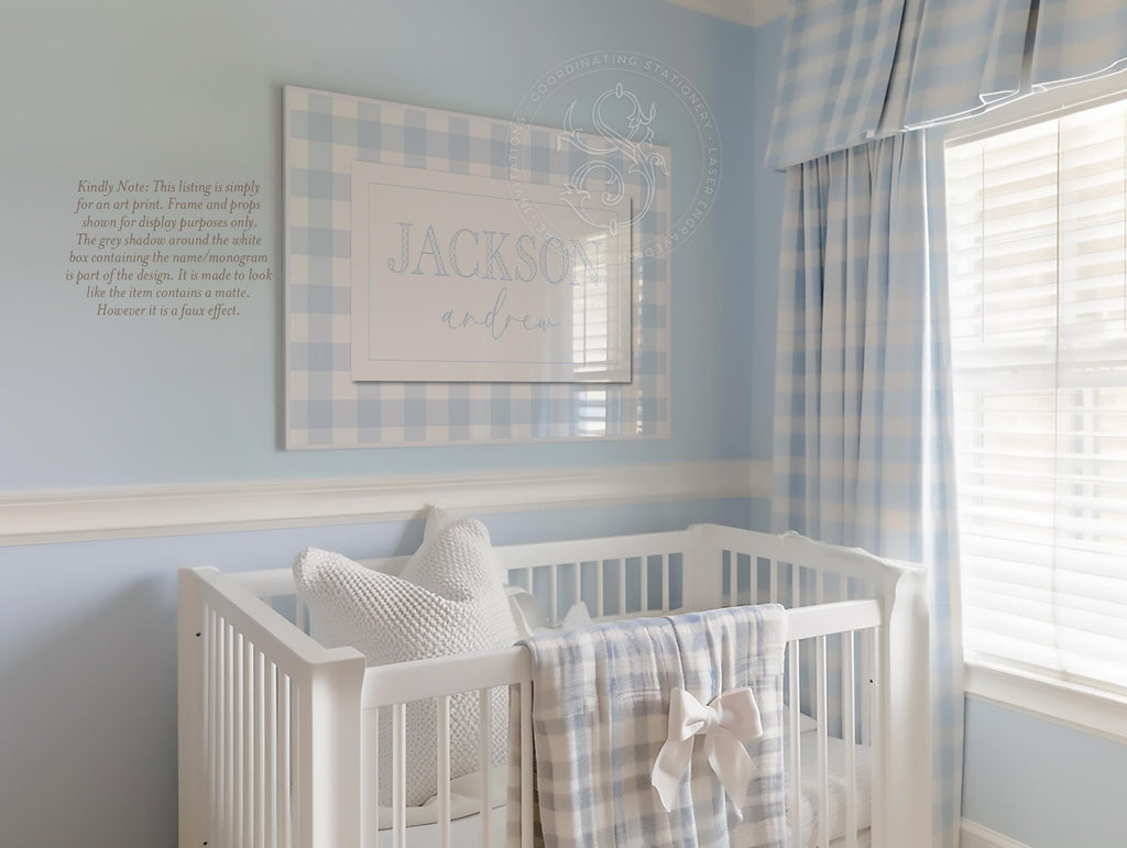 Personalized Boy Name Print: Blue Gingham Nursery Wall Art - image 1