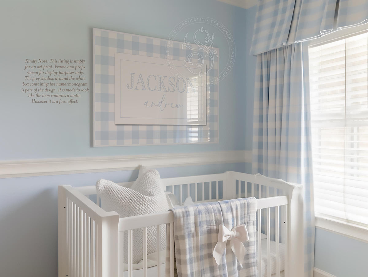 Personalized Boy Name Print: Blue Gingham Nursery Wall Art - image 1