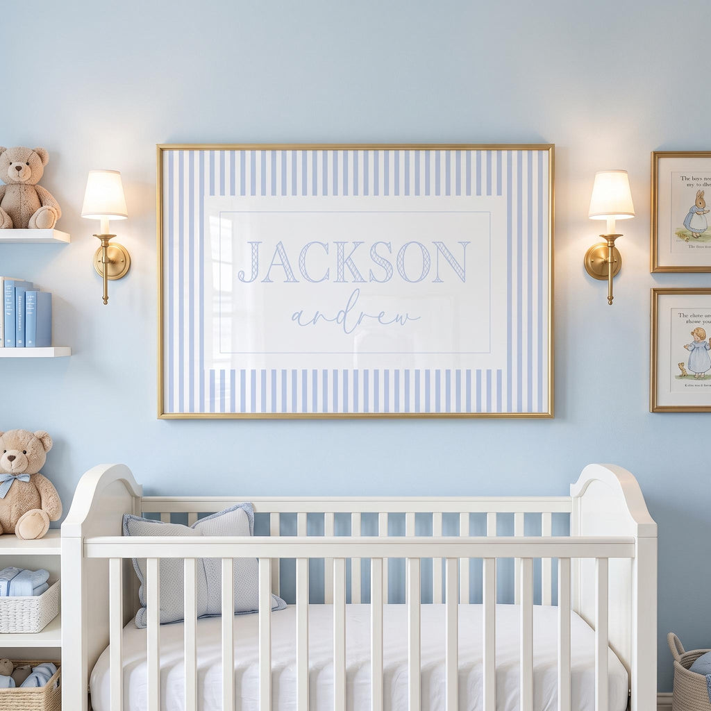 Personalized Boy Name Print: Blue Stripes Nursery Wall Art - image 1