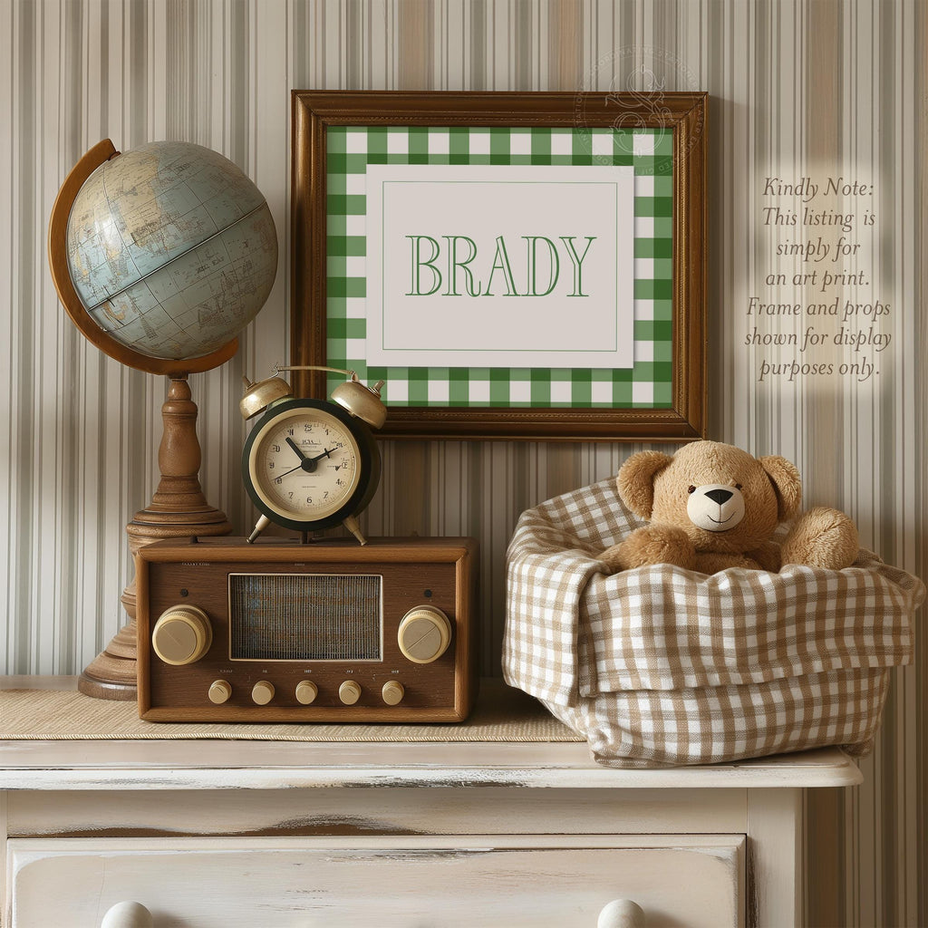 Personalized Boy Name Print: Forest Green Gingham Nursery Decor - image 1