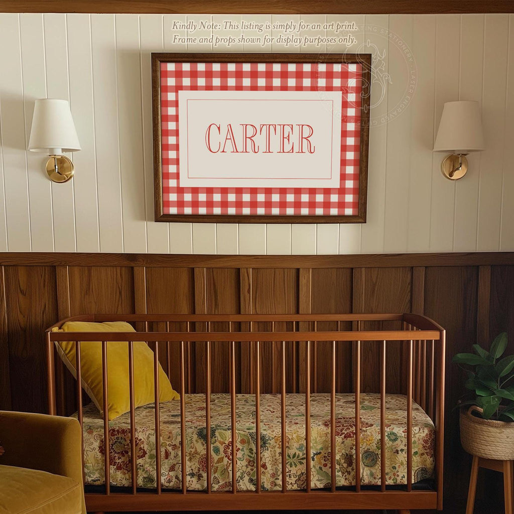 Personalized Boy Name Print: Red Gingham Nursery Wall Art - image 1
