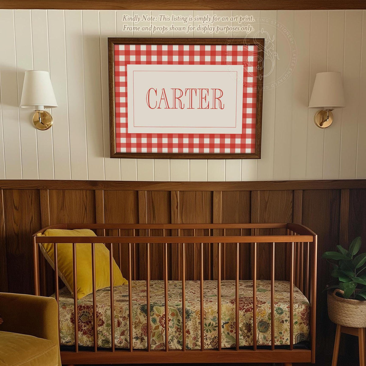 Personalized Boy Name Print: Red Gingham Nursery Wall Art - image 1