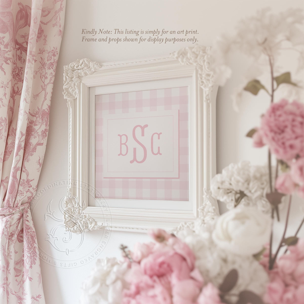 Personalized Gingham Fishtail Monogram Wall Art for Baby Girl Nursery - Pink Pastel Print Decor - image 1