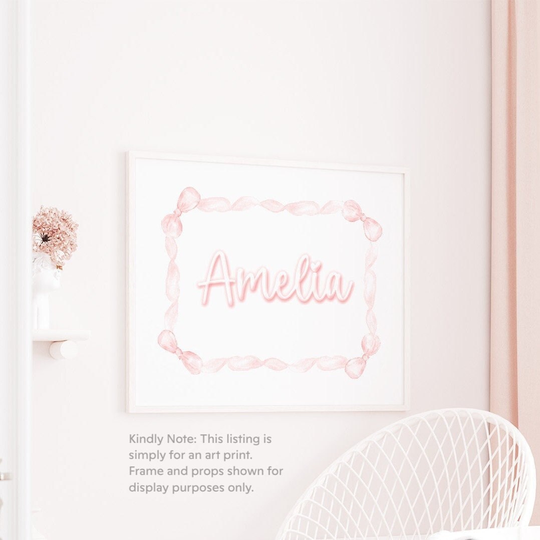Personalized Girl Name Print: Watercolor Pink Bow Nursery Decor - image 2