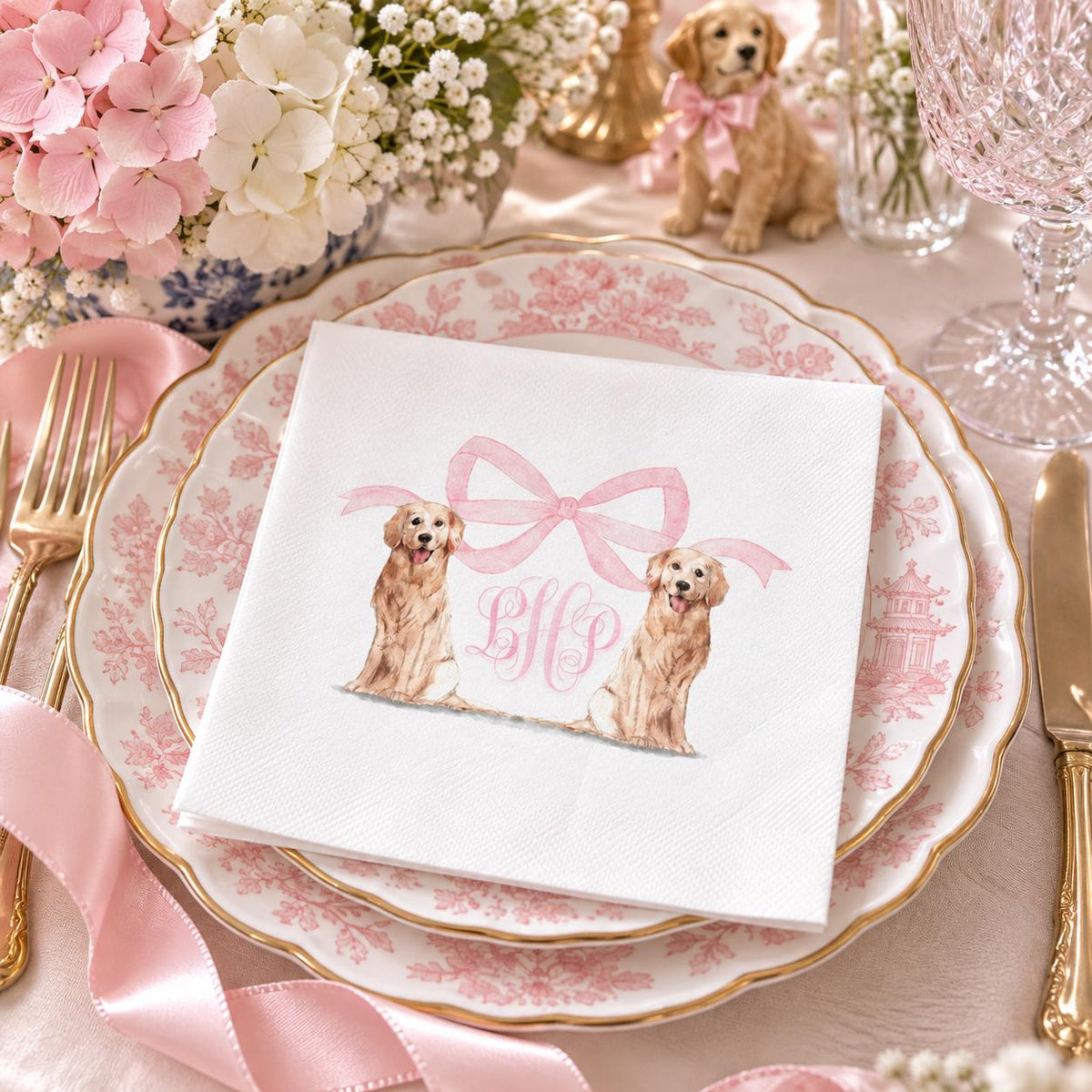 Personalized Golden Retriever Baby Shower Napkins, Pink Bow Monogram Cocktail Napkins, Puppy Baby Shower Decor, Baby Girl Shower