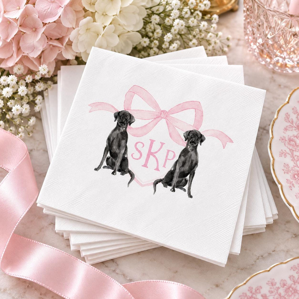 Personalized Labrador Napkins, Monogram Baby Shower Cocktail Napkins, Lab Dog Crest Party Decor, Custom Baby Girl Shower Napkins