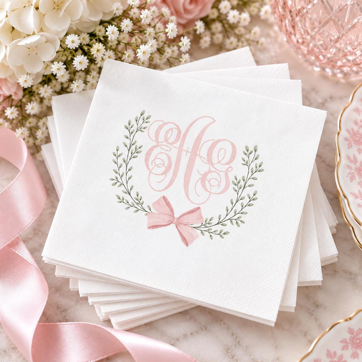 Personalized Pink Bow Monogram Napkins, Baby Girl Shower Cocktail Napkins, Custom Baby Shower Decor, Bow Birthday Party Napkins