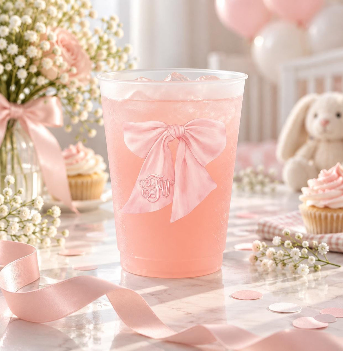 Personalized pink bow monogram frosted party cups