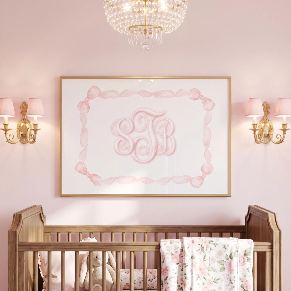 Personalized Pink Bow Nursery Art, Baby Girl Monogram Wall Art, Watercolor Bow Print, Custom Initial Girls Room Decor, Baby Shower Gift - image 1
