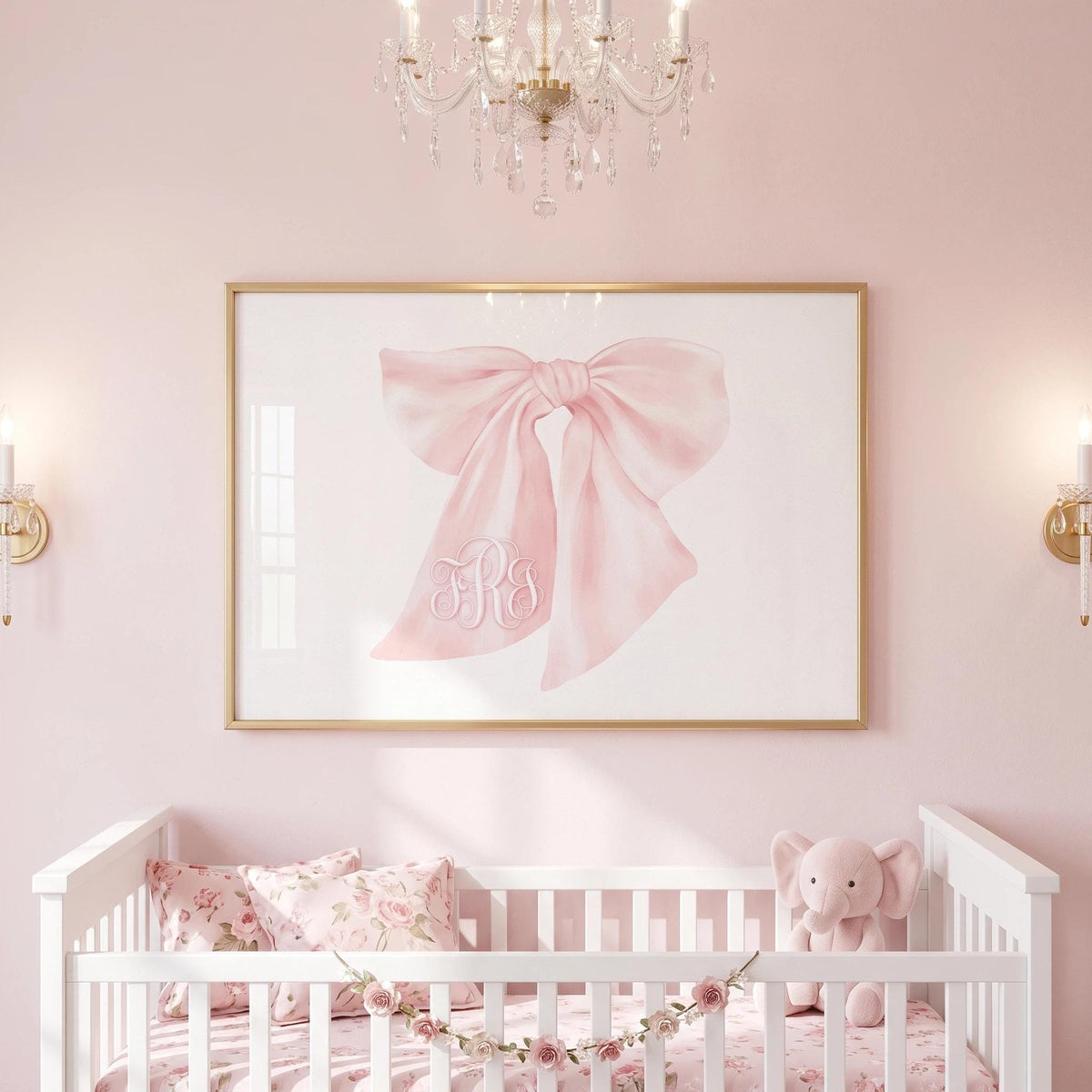 Personalized Pink Bow Nursery Art, Monogram Wall Art for Baby Girl, Watercolor Bow Print, Baby Girl Nursery Decor, New Baby Gift - image 1