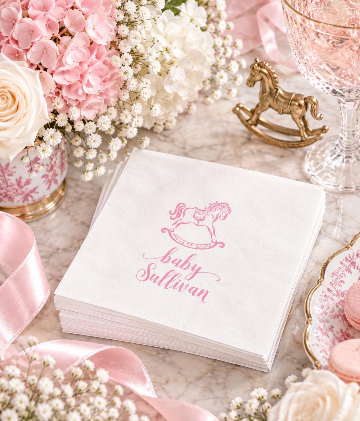 Personalized Pink Rocking Horse Baby Shower Napkins, Baby Girl Cocktail Napkins, Custom Name Shower Decor, Pink Baby Shower