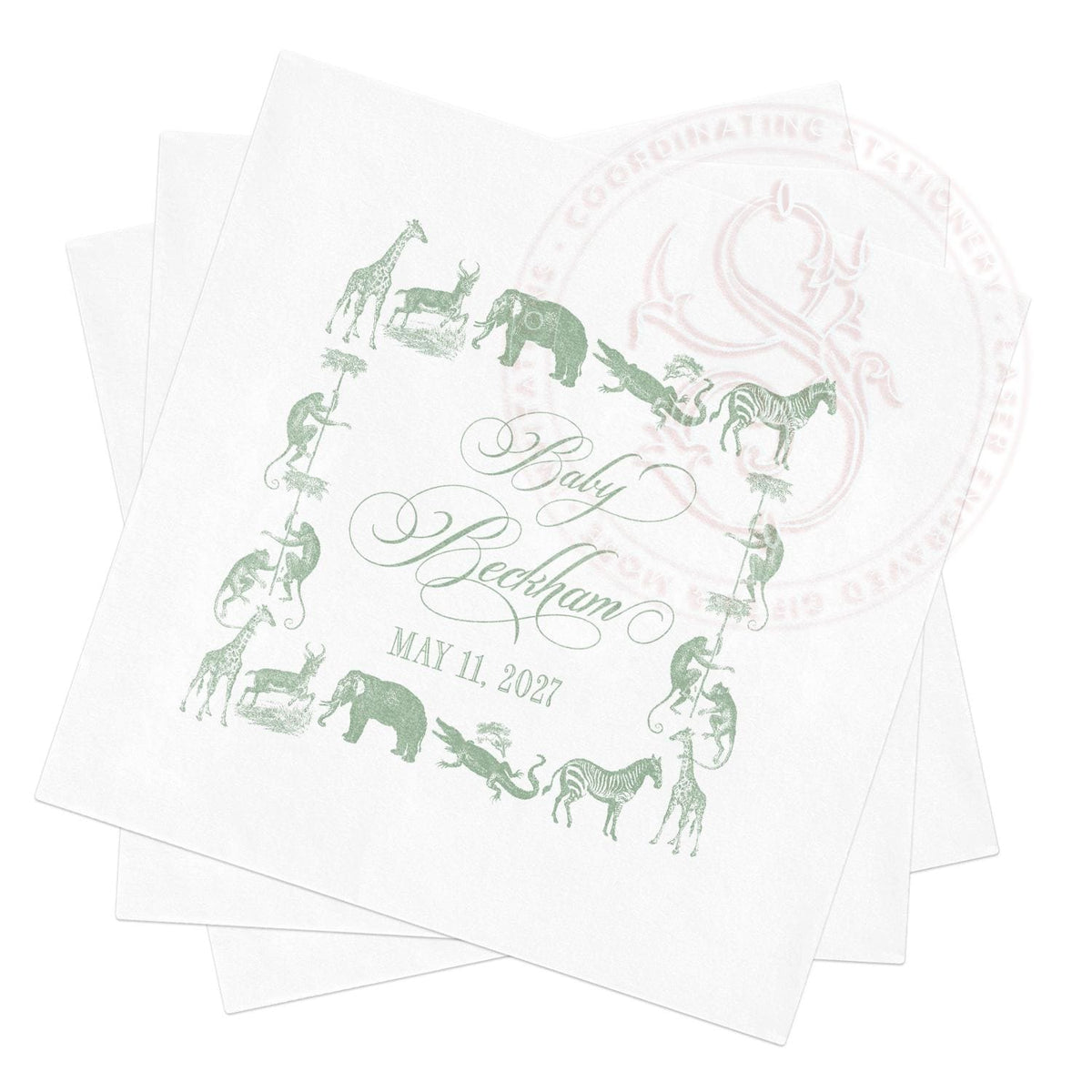 Personalized Safari Baby Shower Napkins: Sage Green Animal Party
