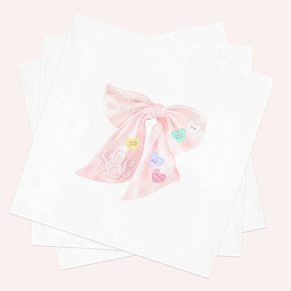 Personalized Valentine's Day Napkins: Pink Bow, Candy Hearts, Monogram