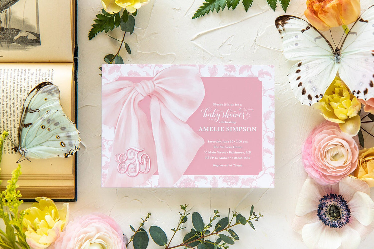 Pink Bow Baby Girl Shower Invitations: Monogram | Digital File