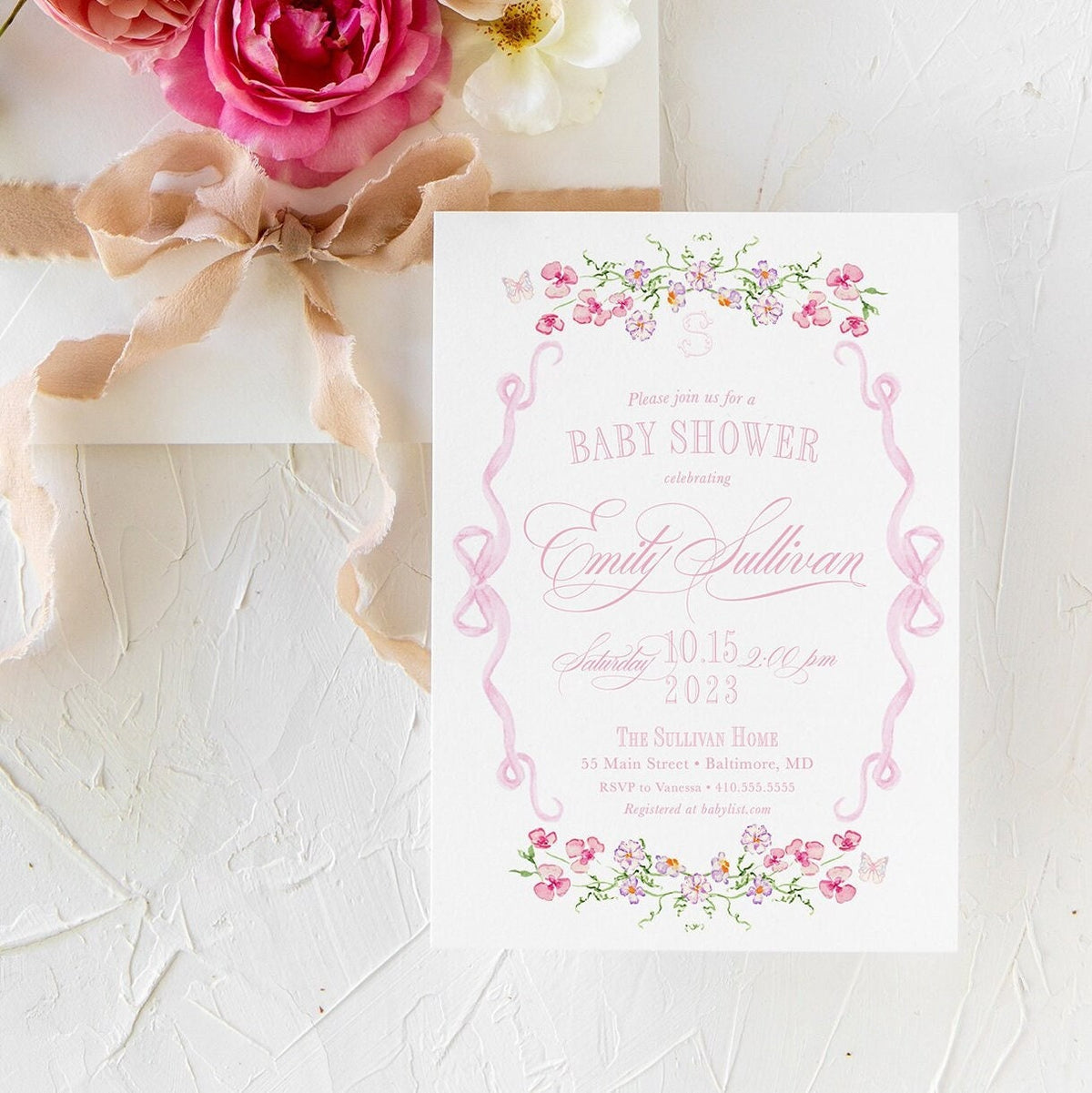 Pink Bow Baby Shower Invitations Printable – Elegant Feminine Baby Girl Sprinkle Party Invite Template | Digital File