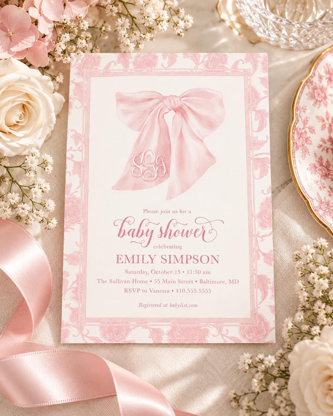 Pink bow chinoiserie printed baby girl shower invitations