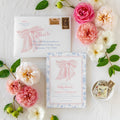 Pink bow chinoiserie printed baby shower invitations