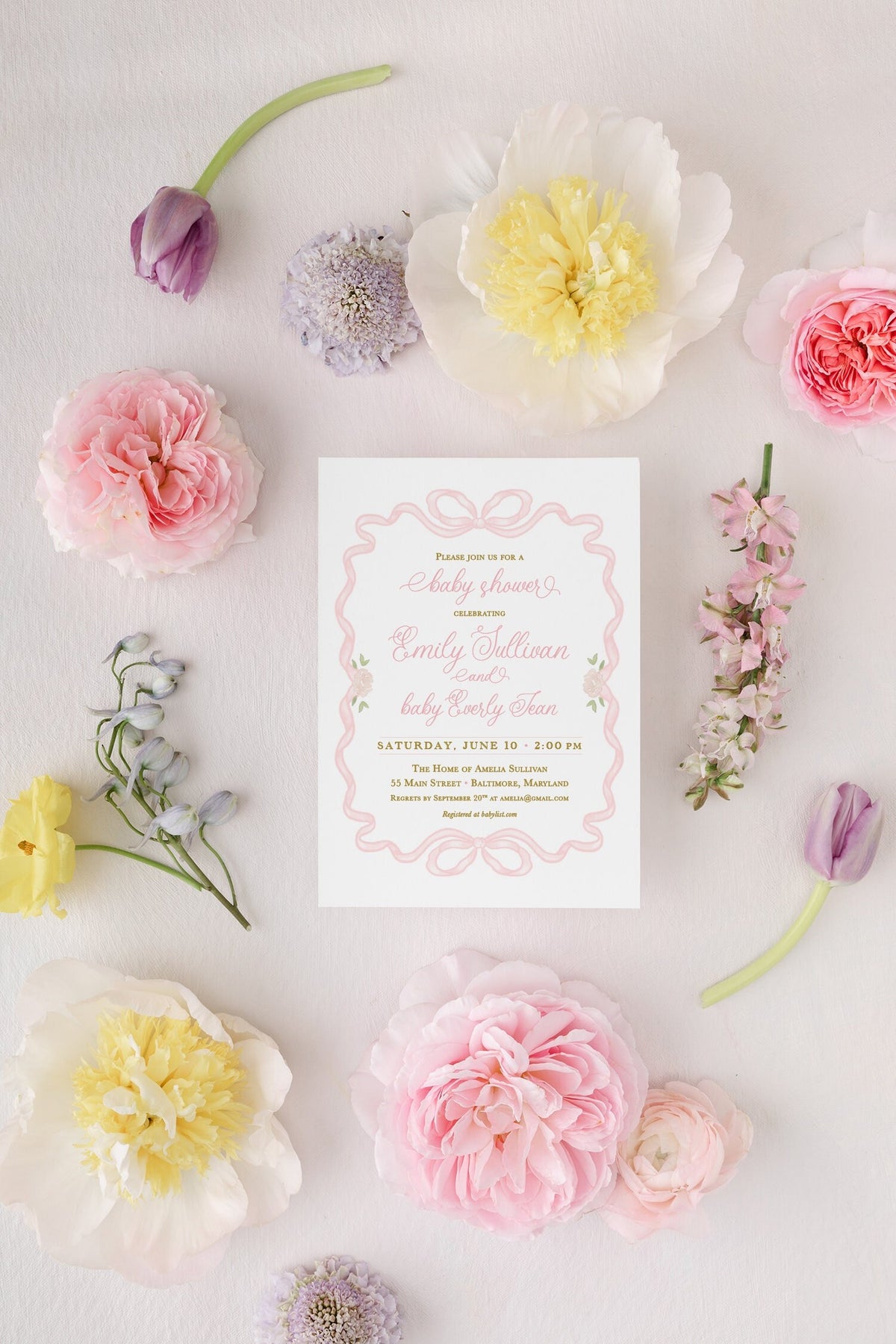 Pink bow classic girl sprinkle printed invitations