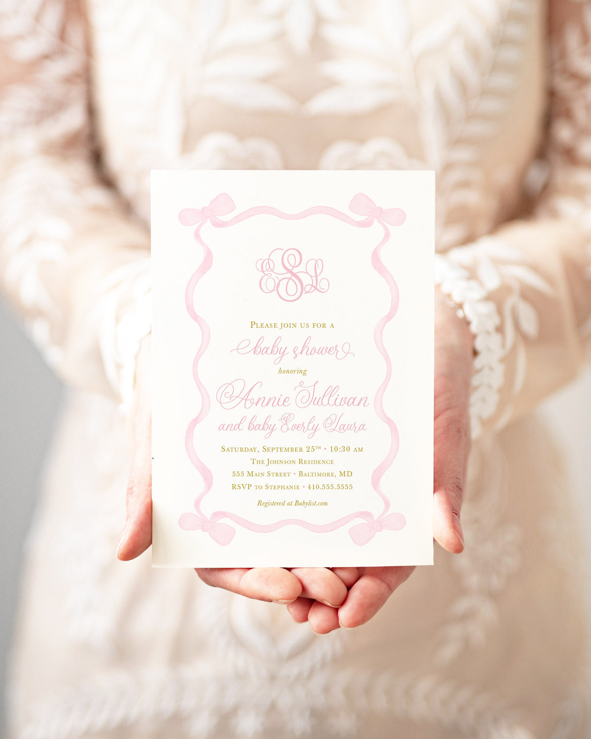 Pink bow classic monogram digital baby shower invitation