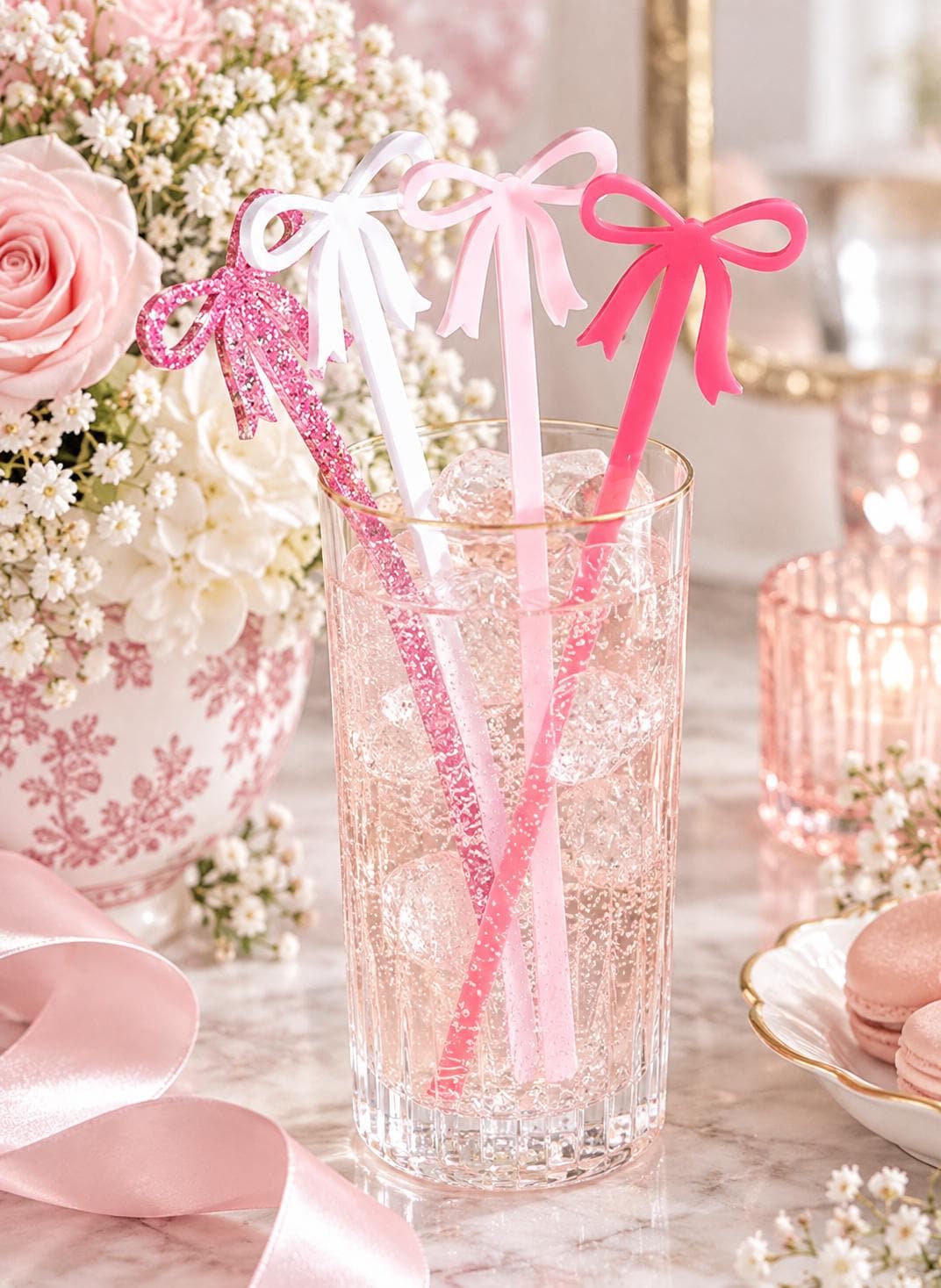 Pink bow cocktail stirrers for bridal shower and bachelorette party