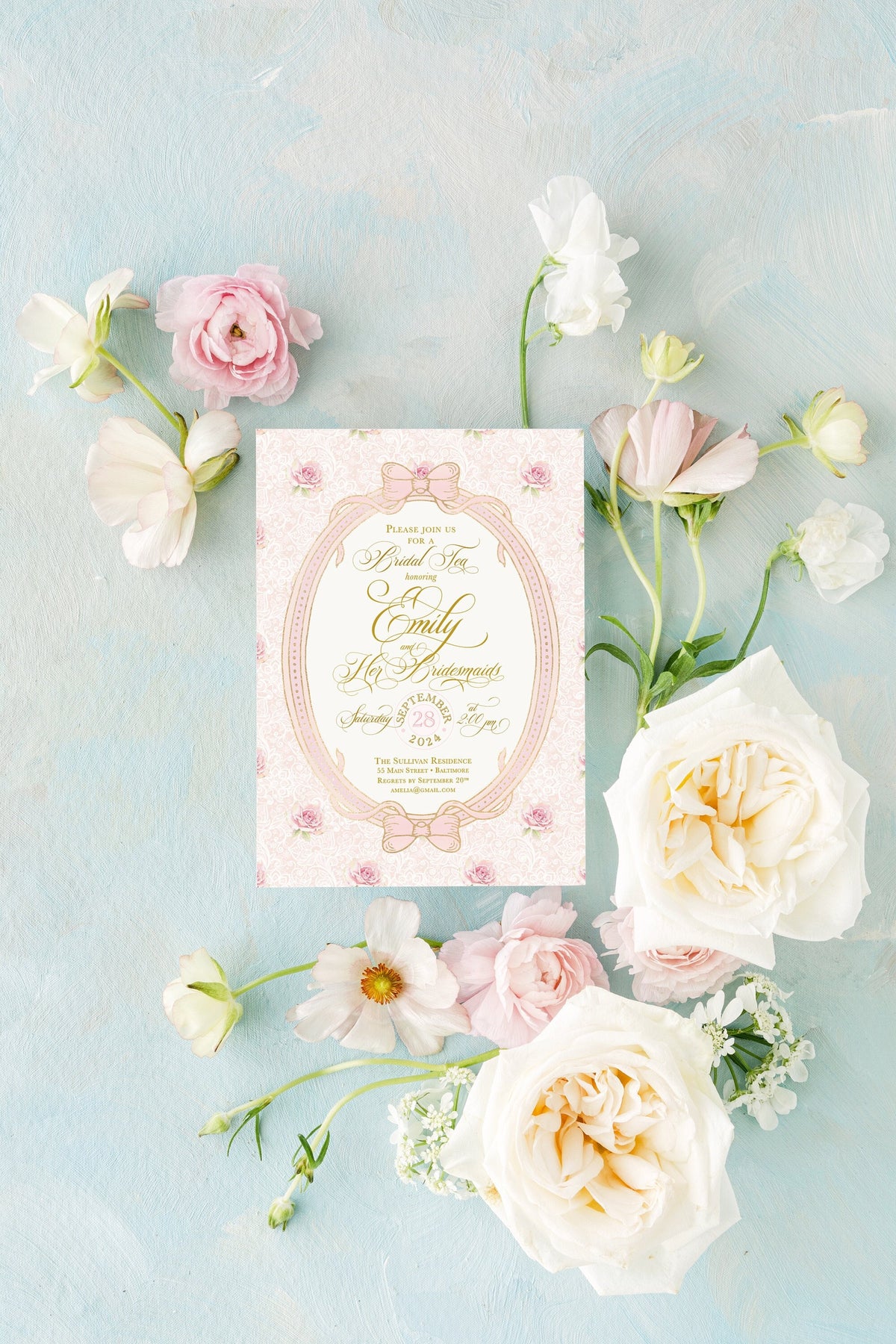 Pink bow floral whimsical garden printed bridal tea party invitations
