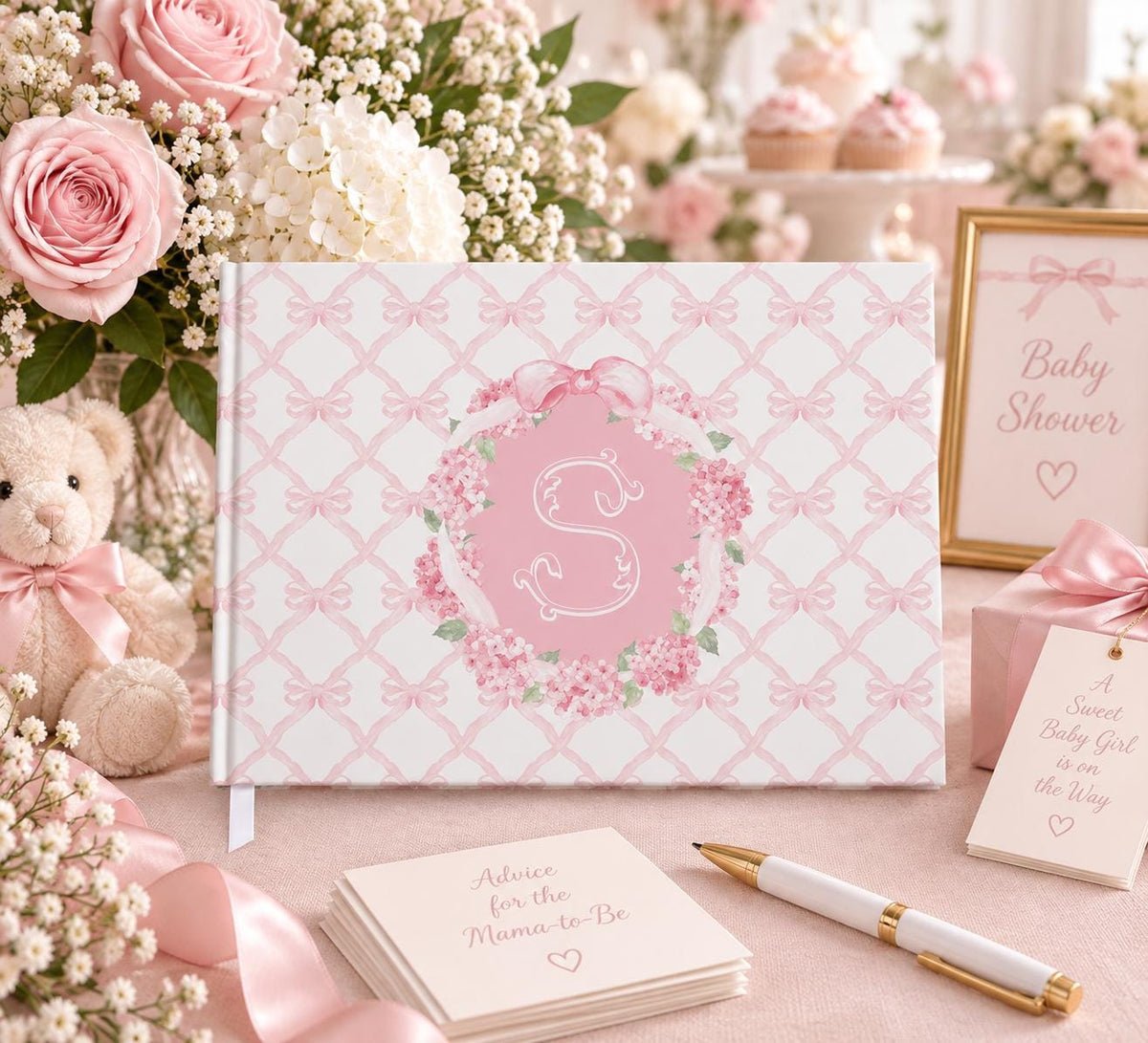 Pink Bow Hydrangea Baby Shower Guest Book - image 1