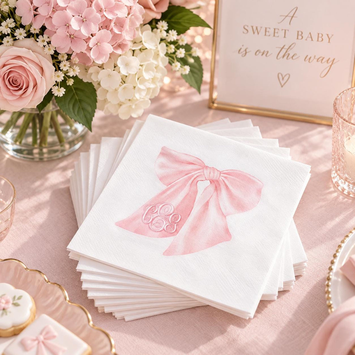 Pink Bow Monogram Napkins: Baby Shower Sprinkle, Coquette Party